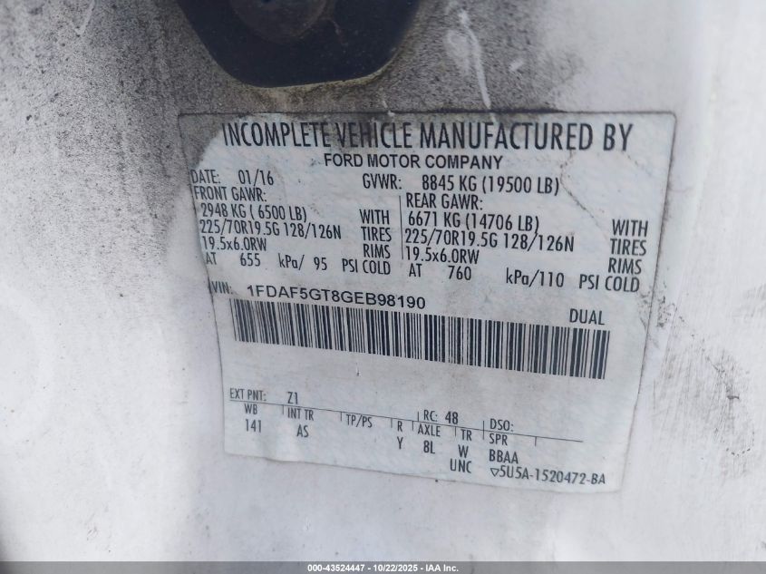 2016 Ford Super Duty F-550 Drw Xl VIN: 1FDAF5GT8GEB98190 Lot: 43524447