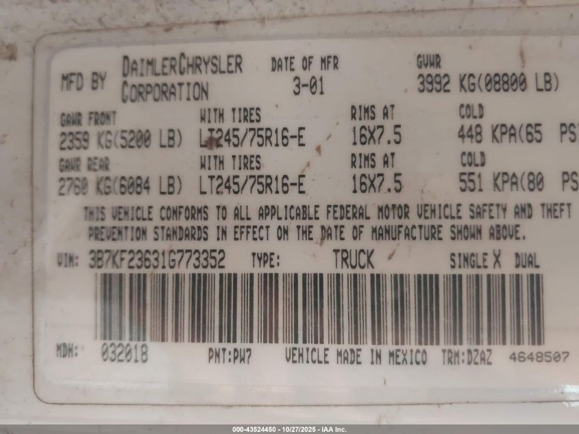 2001 Dodge Ram 2500 St VIN: 3B7KF23631G773352 Lot: 43524450