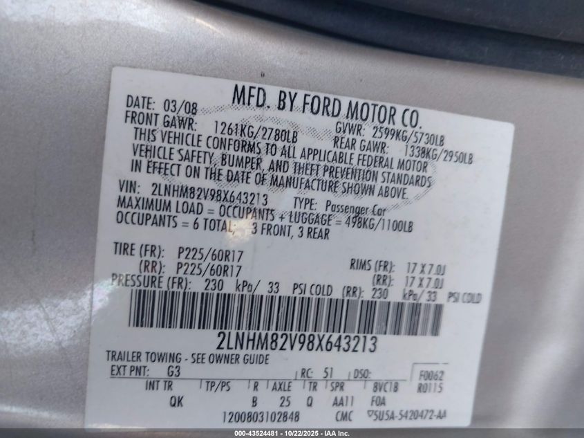 2008 Lincoln Town Car Signature Limited VIN: 2LNHM82V98X643213 Lot: 43524481