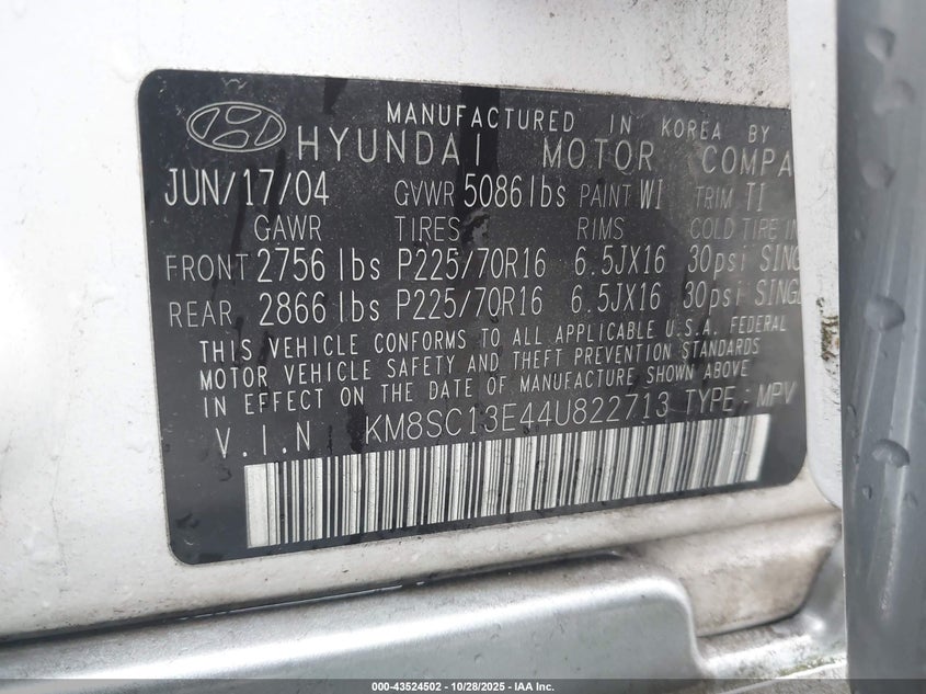 2004 Hyundai Santa Fe Gls/Lx VIN: KM8SC13E44U822713 Lot: 43524502