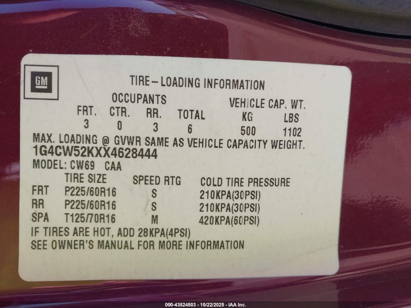 1999 Buick Park Avenue VIN: 1G4CW52KXX4628444 Lot: 43524503