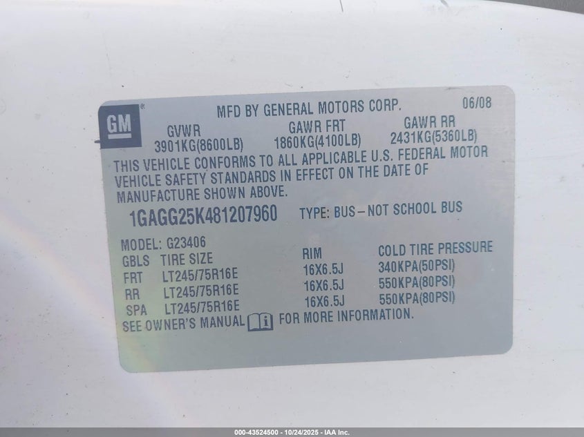 2008 Chevrolet Express Ls VIN: 1GAGG25K481207960 Lot: 43524500