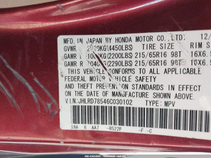 2006 Honda Cr-V Lx VIN: JHLRD78546C030102 Lot: 43524505