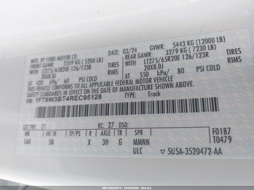 2024 Ford F-350 Lariat VIN: 1FT8W3BT4REC95128 Lot: 43524574