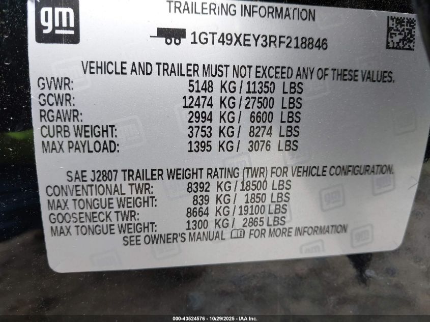2024 GMC Sierra 2500Hd 4Wd Standard Bed Denali Ultimate VIN: 1GT49XEY3RF218846 Lot: 43524576