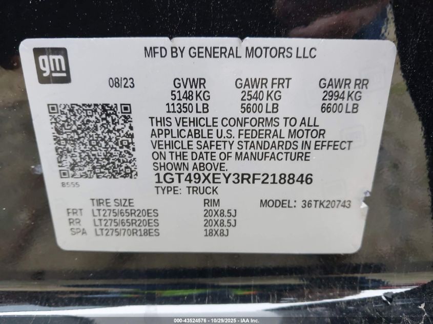 2024 GMC Sierra 2500Hd 4Wd Standard Bed Denali Ultimate VIN: 1GT49XEY3RF218846 Lot: 43524576