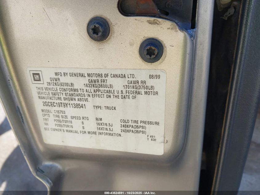 2000 Chevrolet Silverado 1500 Ls VIN: 2GCEC19T9Y1138541 Lot: 43524591