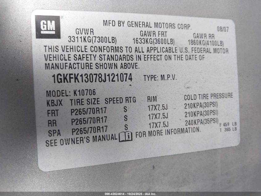 2008 GMC Yukon Slt VIN: 1GKFK13078J121074 Lot: 43524614