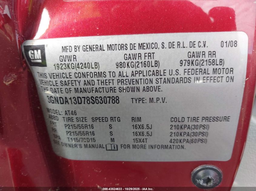 2008 Chevrolet Hhr Ls VIN: 3GNDA13D78S630788 Lot: 43524633