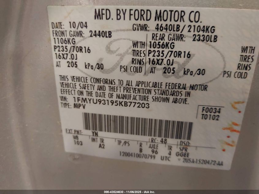 2005 Ford Escape Xlt VIN: 1FMYU93195KB77203 Lot: 43524630