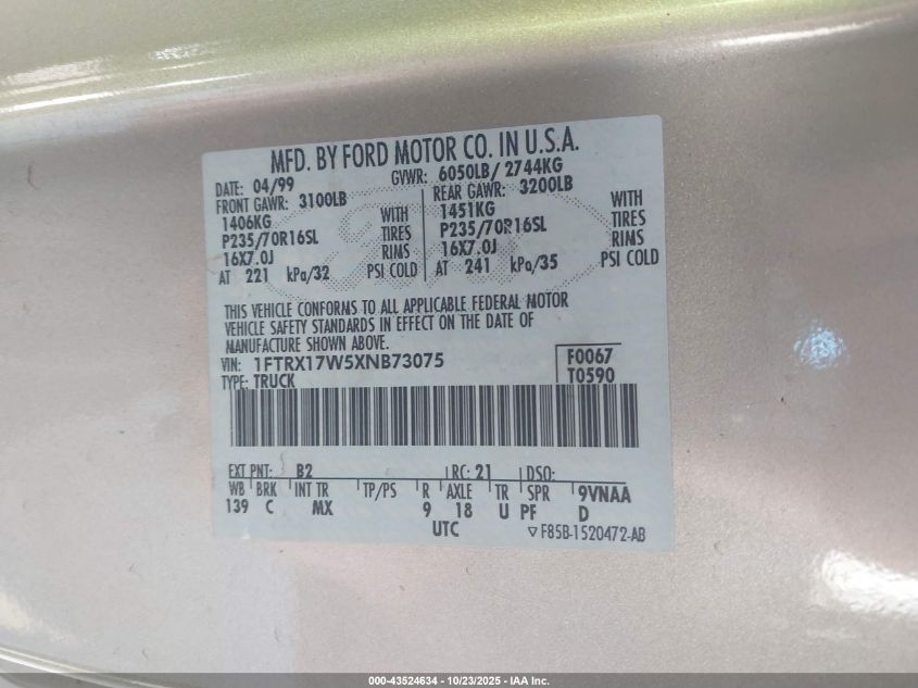 1999 Ford F-150 Lariat/Work Series/Xl/Xlt VIN: 1FTRX17W5XNB73075 Lot: 43524634