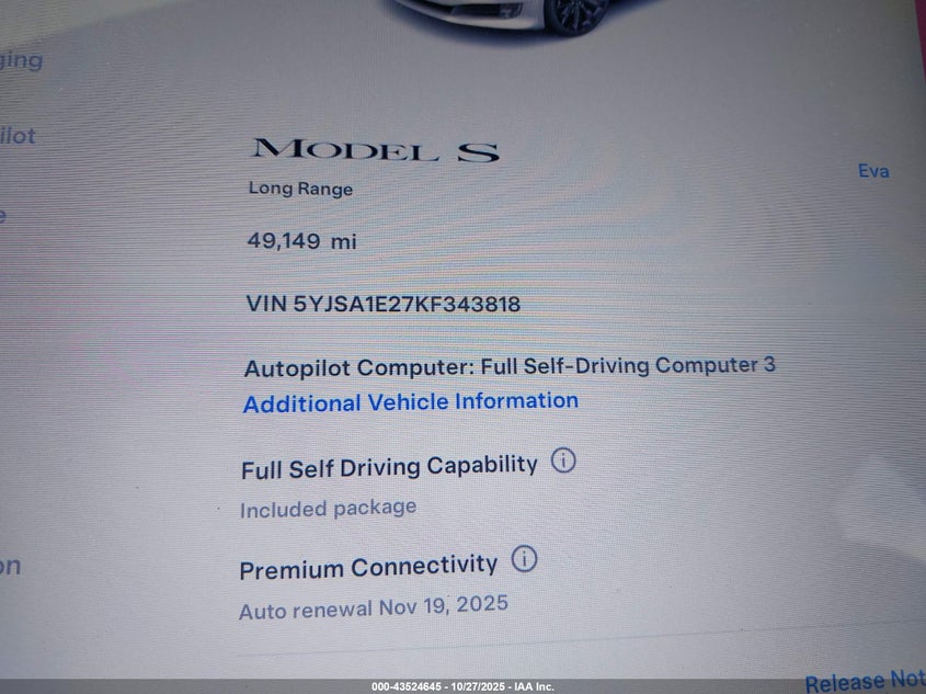 2019 Tesla Model S 100D/75D/Long Range/Standard Range VIN: 5YJSA1E27KF343818 Lot: 43524645