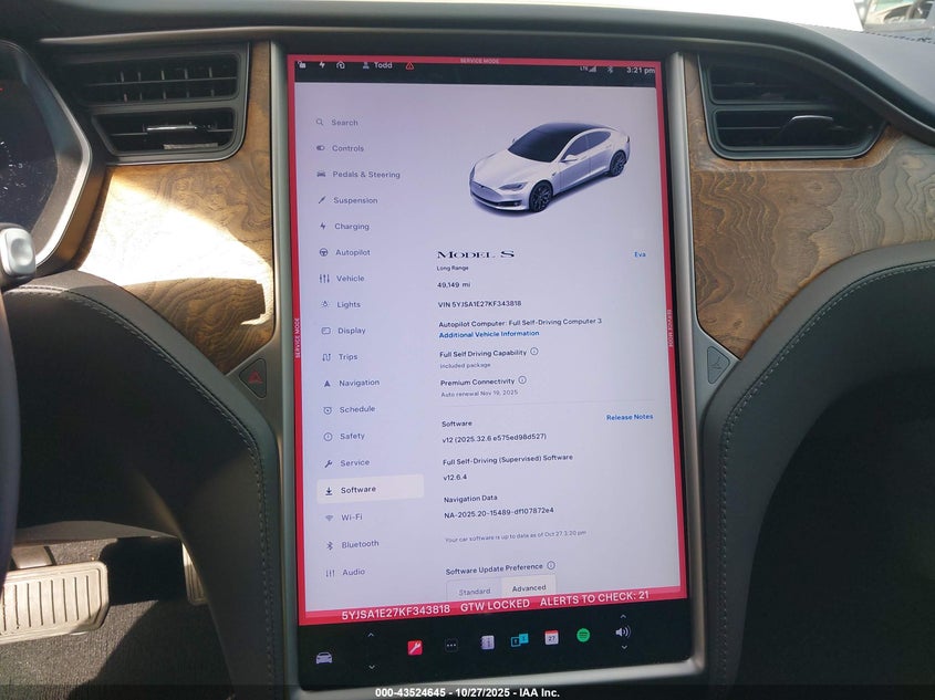 2019 Tesla Model S 100D/75D/Long Range/Standard Range VIN: 5YJSA1E27KF343818 Lot: 43524645