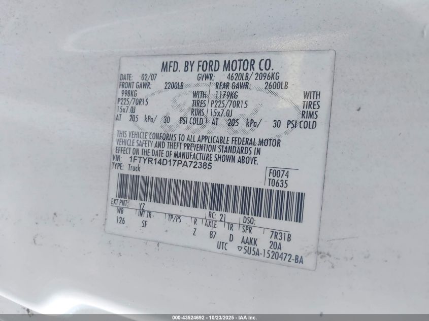 2007 Ford Ranger Stx/Xl/Xlt VIN: 1FTYR14D17PA72385 Lot: 43524692