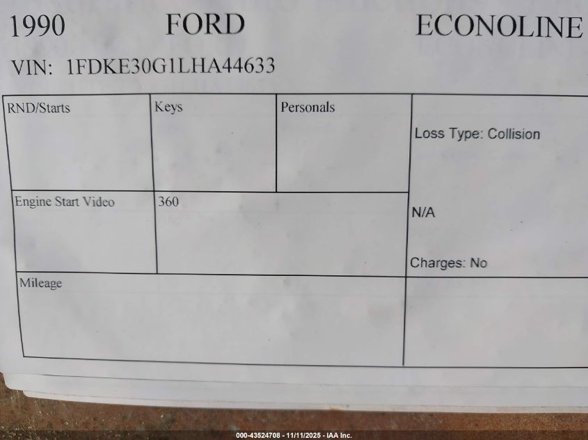 1990 Ford Econoline E350 Cutaway Van VIN: 1FDKE30G1LHA44633 Lot: 43524708