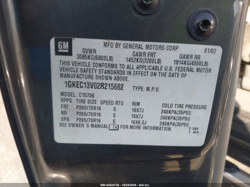 2002 GMC Yukon Sle VIN: 1GKEC13V02R215682 Lot: 43524730