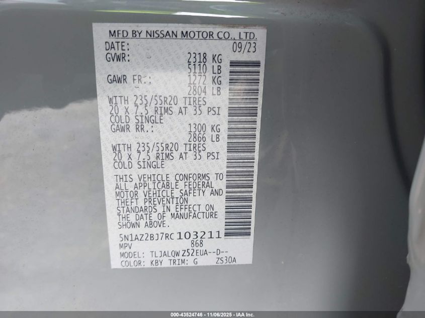 2024 Nissan Murano Sv Fwd VIN: 5N1AZ2BJ7RC103211 Lot: 43524746