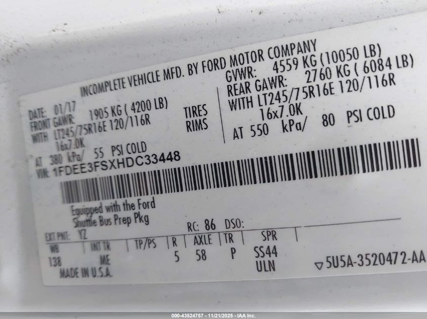 2017 Ford E-350 Cutaway VIN: 1FDEE3FSXHDC33448 Lot: 43524757