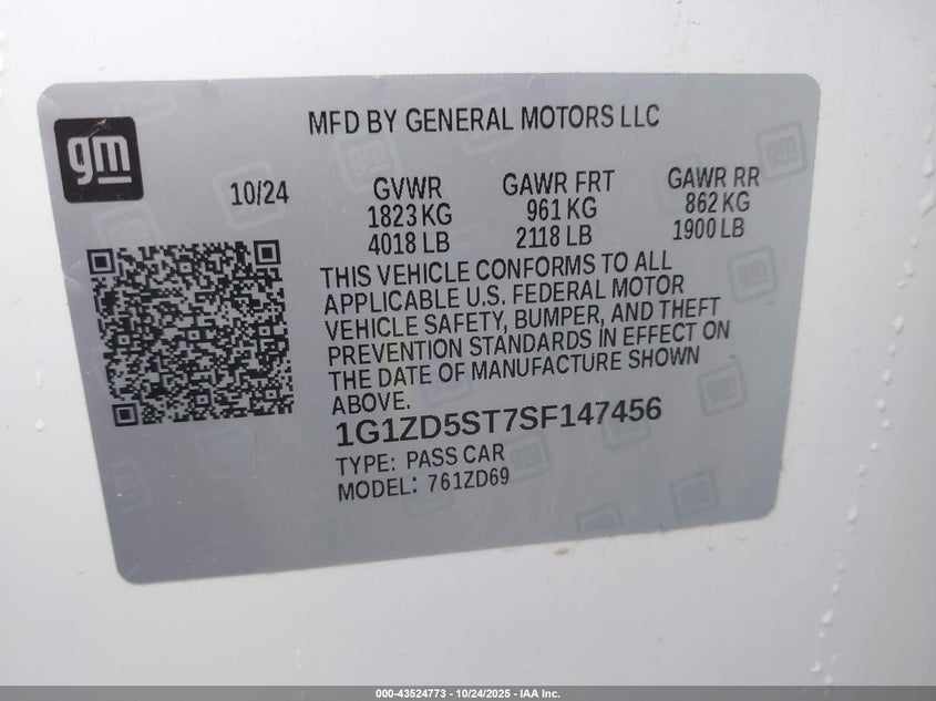 2025 CHEVROLET MALIBU FWD 1LT 1G1ZD5ST7SF147456