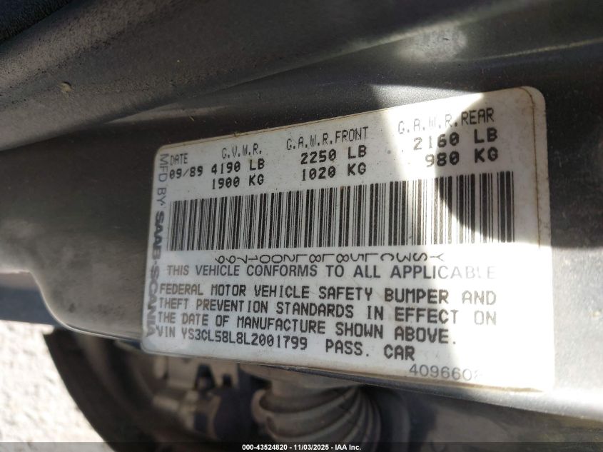 1990 Saab 9000 VIN: YS3CL58L8L2001799 Lot: 43524820