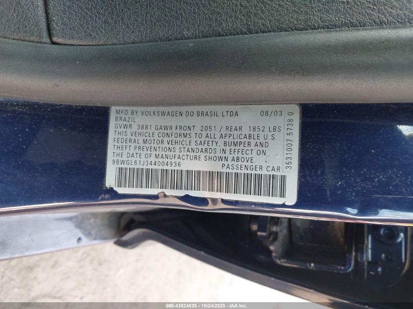 2004 Volkswagen Golf Gls 2.0L VIN: 9BWGL61J344004936 Lot: 43524835