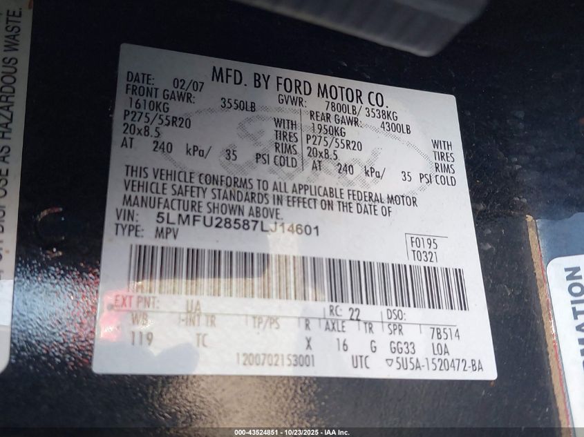 2007 Lincoln Navigator Ultimate VIN: 5LMFU28587LJ14601 Lot: 43524851