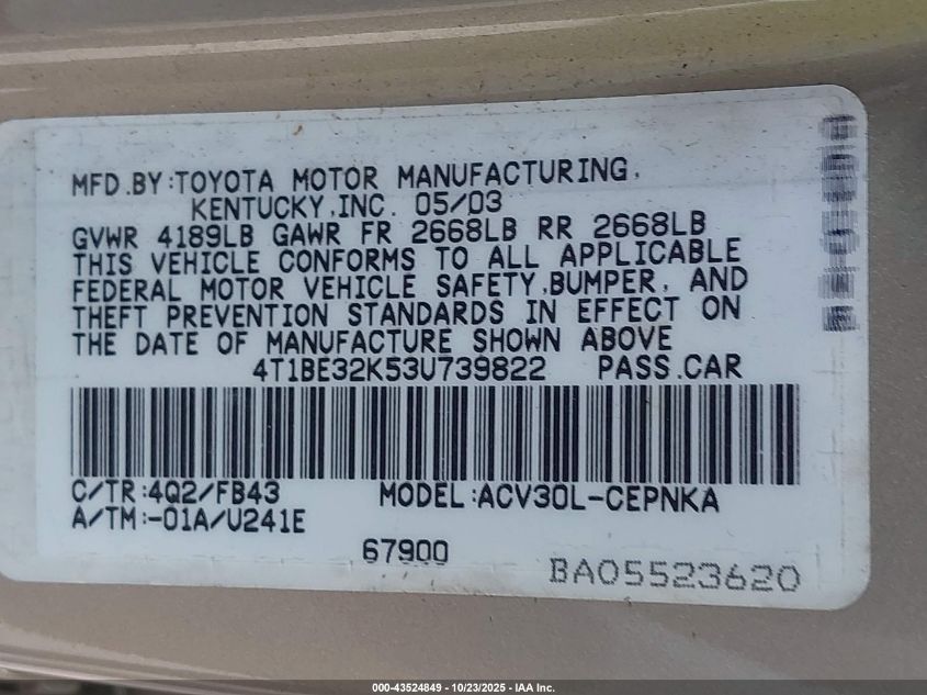 2003 Toyota Camry Le VIN: 4T1BE32K53U739822 Lot: 43524849