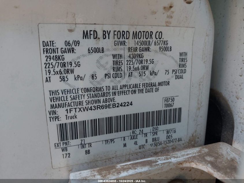 2009 Ford F-450 Harley-Davidson/King Ranch/Lariat/Xl/Xlt VIN: 1FTXW43R69EB24224 Lot: 43524855