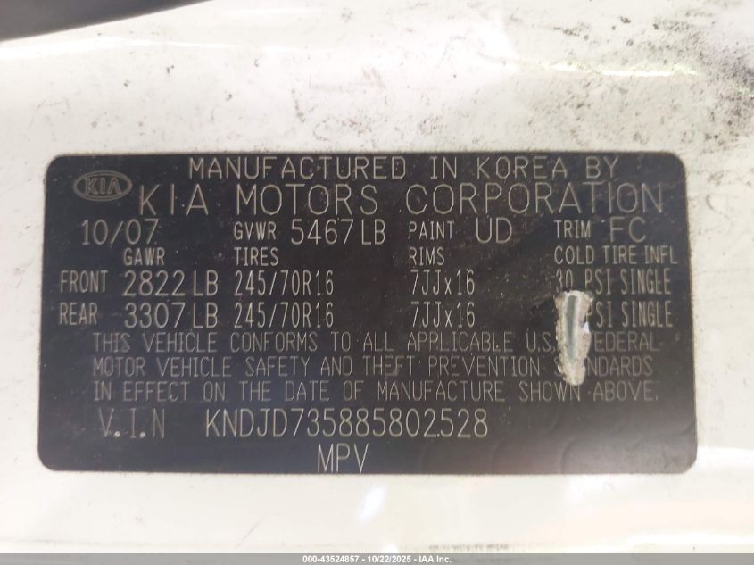 2008 Kia Sorento Lx Base VIN: KNDJD735885802528 Lot: 43524857