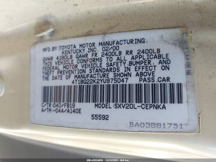 2000 Toyota Camry Le VIN: 4T1BG22K2YU975047 Lot: 43524858