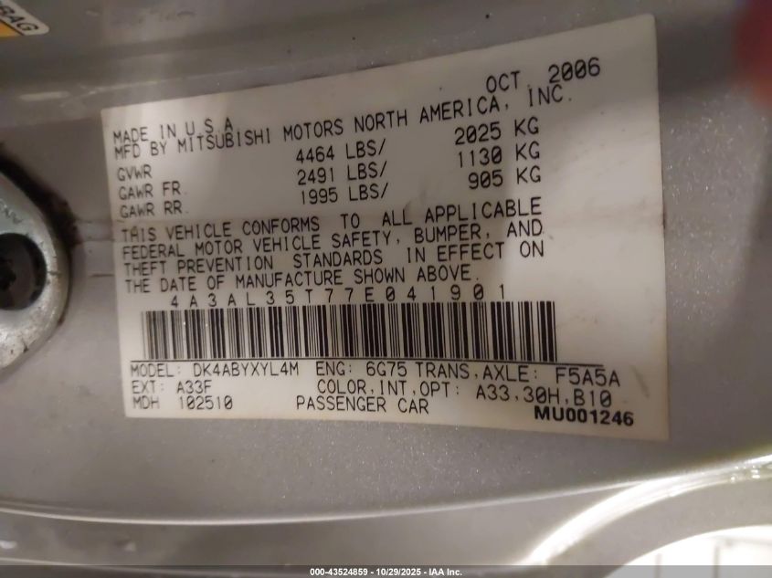 2007 Mitsubishi Eclipse Spyder Gt VIN: 4A3AL35T77E041901 Lot: 43524859