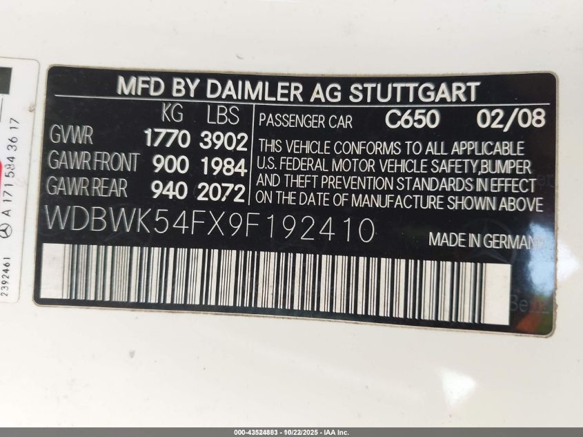 2009 Mercedes-Benz Slk 300 VIN: WDBWK54FX9F192410 Lot: 43524883