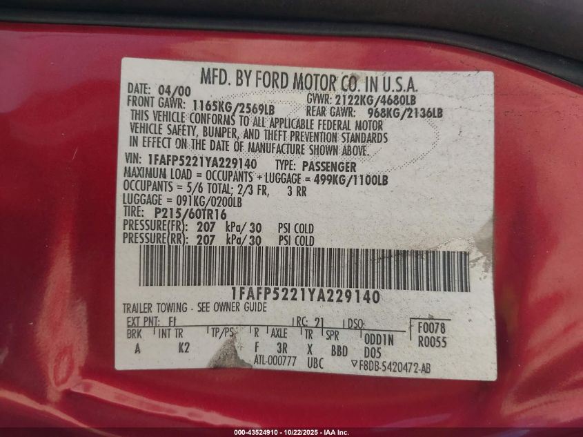 2000 Ford Taurus Lx VIN: 1FAFP5221YA229140 Lot: 43524910