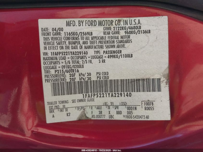 2000 Ford Taurus Lx VIN: 1FAFP5221YA229140 Lot: 43524910