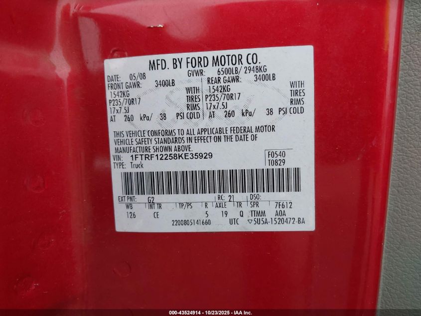 2008 Ford F-150 Xl VIN: 1FTRF12258KE35929 Lot: 43524914