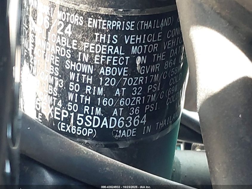 2025 Kawasaki Ex650 P VIN: ML5EXEP15SDAD6364 Lot: 43524932