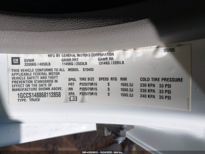 2006 Chevrolet Colorado Ls VIN: 1GCCS148868112858 Lot: 43524933