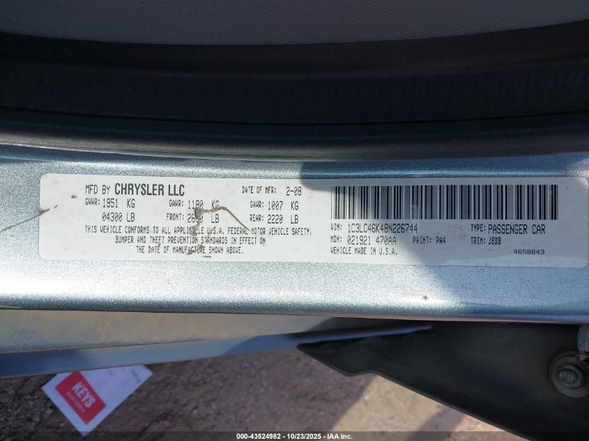 2008 Chrysler Sebring Lx VIN: 1C3LC46K48N226744 Lot: 43524982