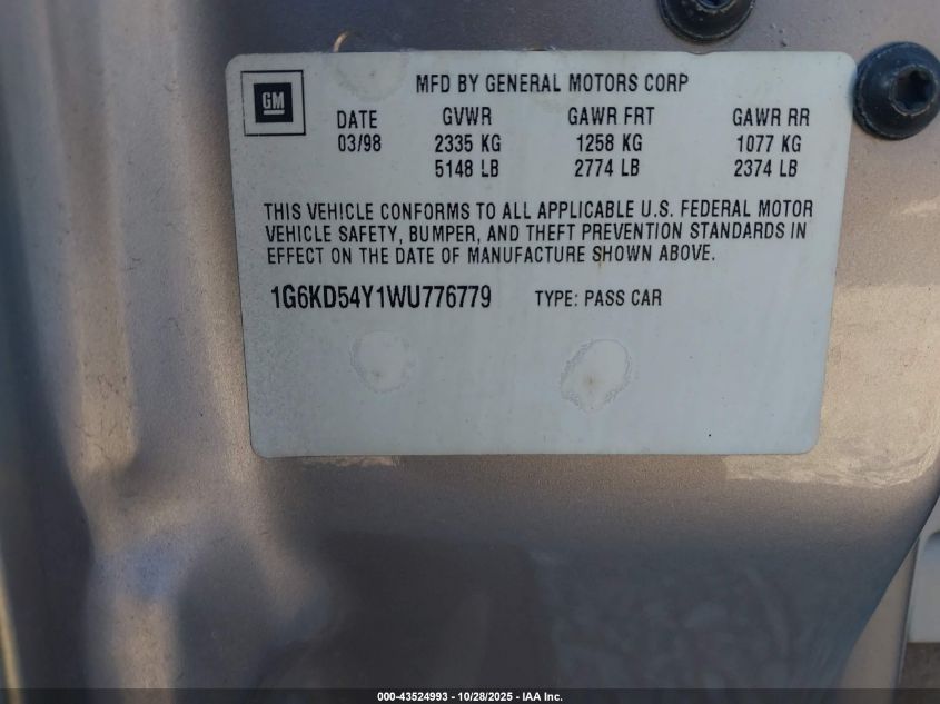 1998 Cadillac Deville Standard VIN: 1G6KD54Y1WU776779 Lot: 43524993
