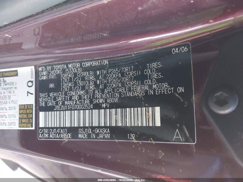 2007 Toyota Fj Cruiser VIN: JTEZU11F070003524 Lot: 43524998