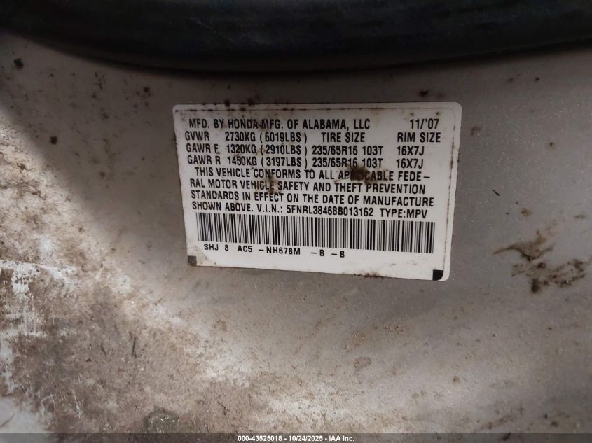 2008 Honda Odyssey Ex VIN: 5FNRL38468B013162 Lot: 43525018