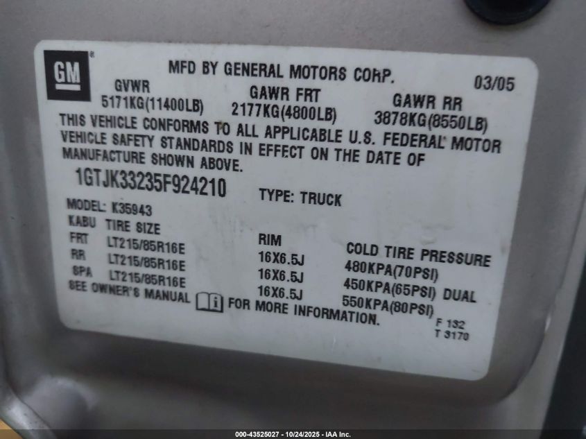 2005 GMC Sierra 3500 Sle VIN: 1GTJK33235F924210 Lot: 43525027