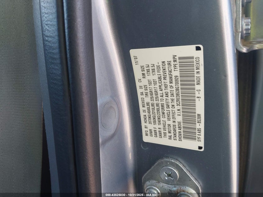 2008 Honda Cr-V Ex VIN: 3CZRE38538G700929 Lot: 43525030