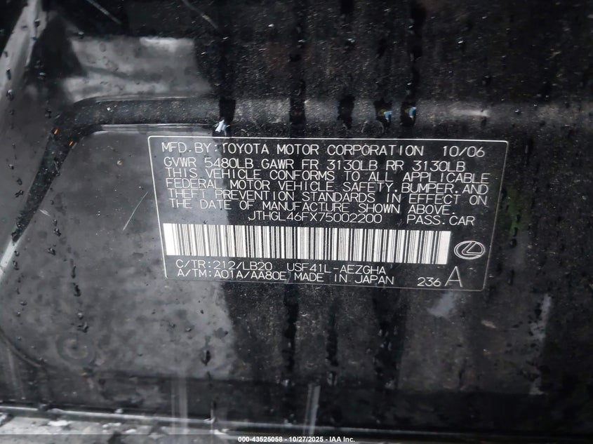 2007 Lexus Ls 460 L VIN: JTHGL46FX75002200 Lot: 43525058