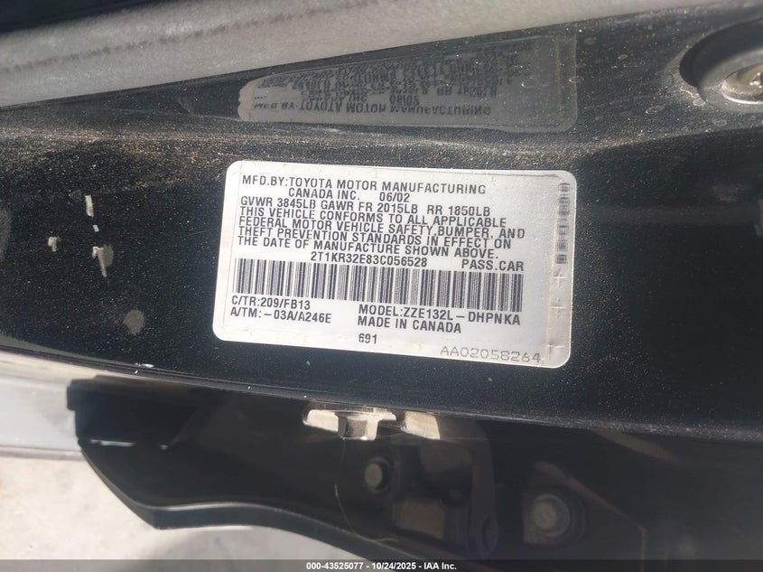 2003 Toyota Matrix Xr VIN: 2T1KR32E83C056528 Lot: 43525077