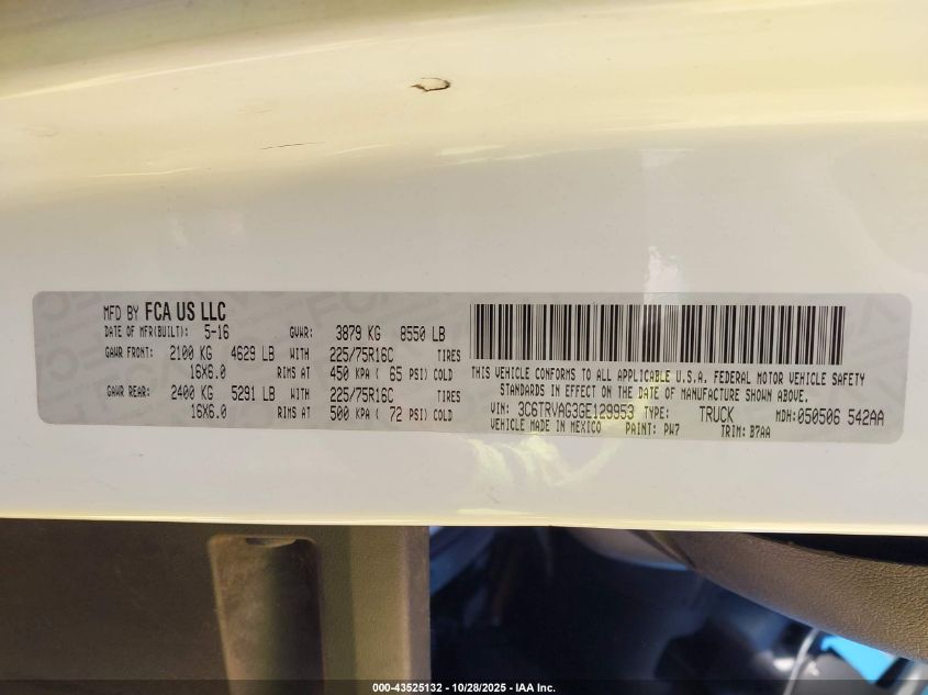 2016 Ram Promaster 1500 Low Roof VIN: 3C6TRVAG3GE129953 Lot: 43525132