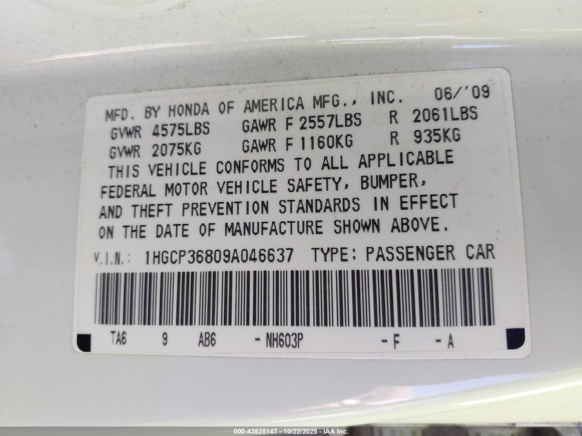 1HGCP36809A046637 2009 HONDA ACCORD photo no. 9