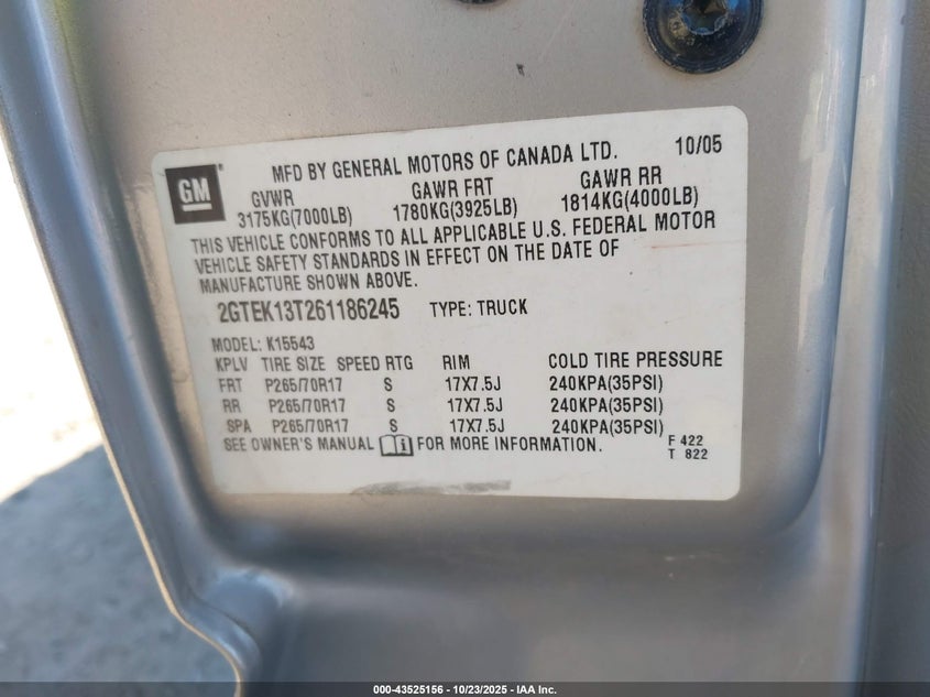 2006 GMC Sierra 1500 Slt VIN: 2GTEK13T261186245 Lot: 43525156