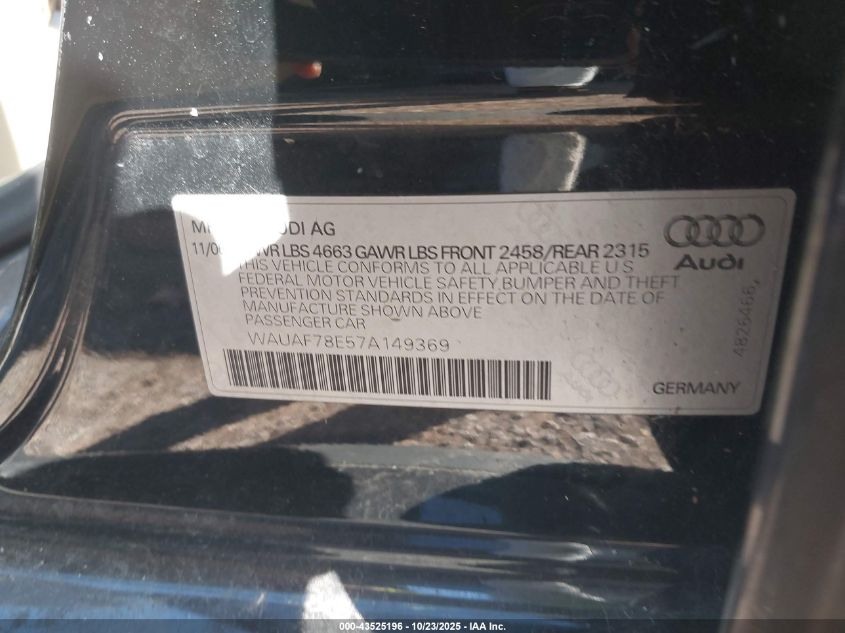 2007 Audi A4 2.0T VIN: WAUAF78E57A149369 Lot: 43525196