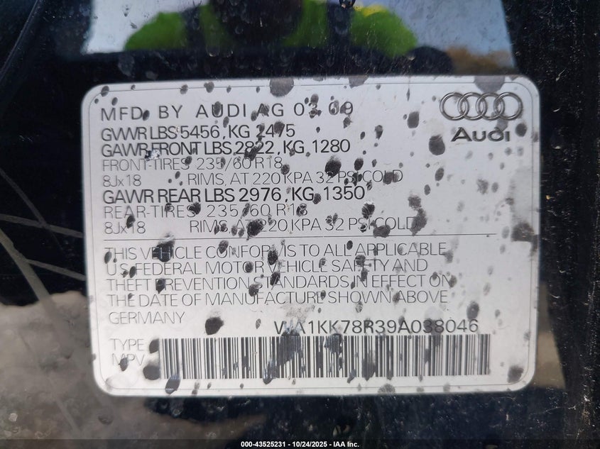 2009 Audi Q5 3.2 Premium VIN: WA1KK78R39A038046 Lot: 43525231